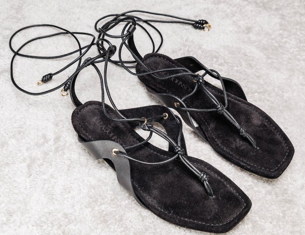 Ulla Johnson Romina Black Suede Leather Lace Up Flat Sandals Womens EU 38 US 7